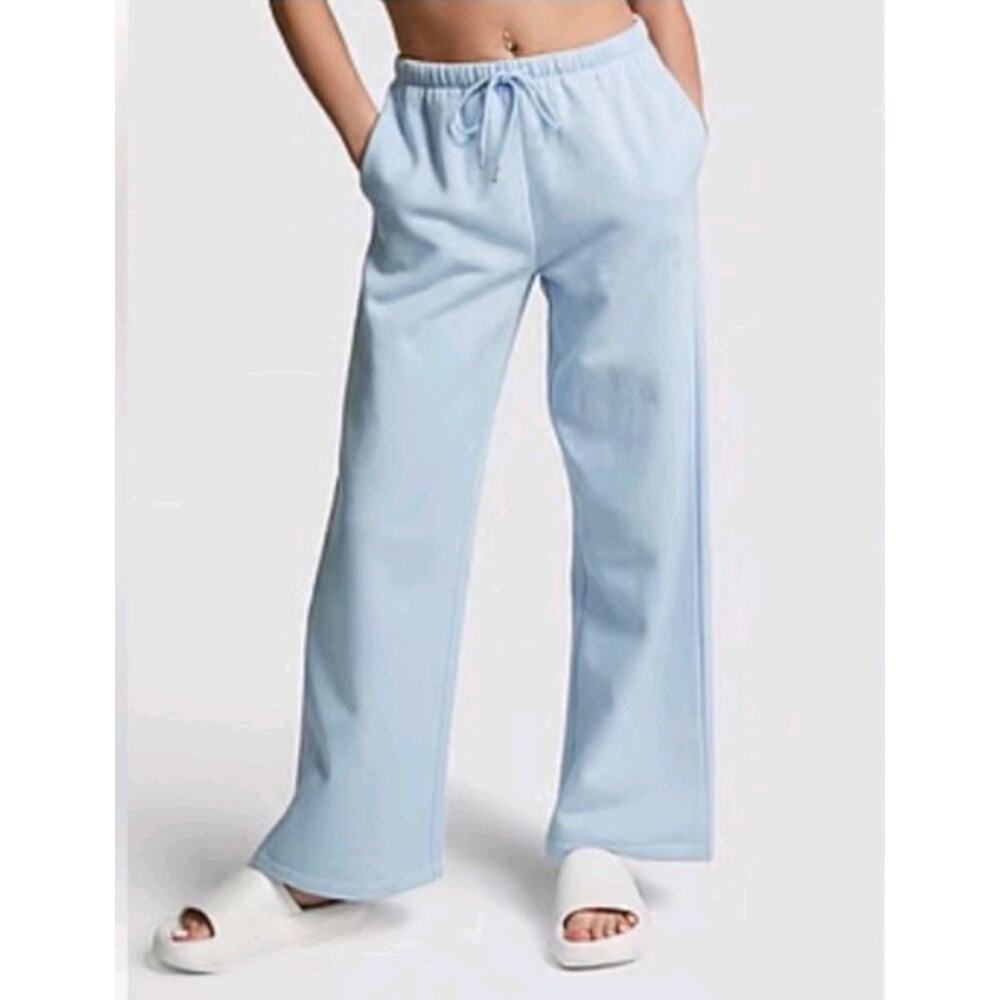 NWT Victoria Secret PINK Campus Fleece Wide Leg Baby Blue Sweatpants Size Large